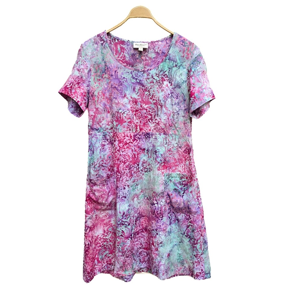 Norm Thompson‎ Dress M Abstract Floral Batik Midi Pockets Rayon Artsy Whimsical
